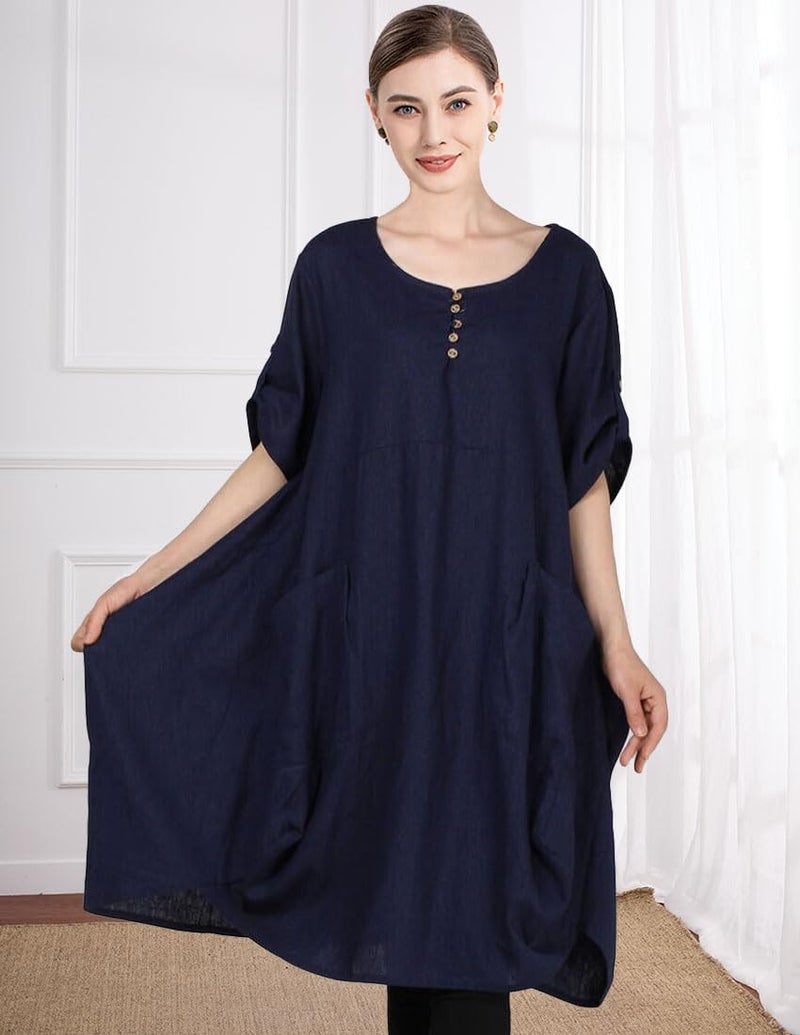 Minibee Women's Ruffle Oversize Casual Midi Dresses with Pockets Navy Blue M - Image 4
